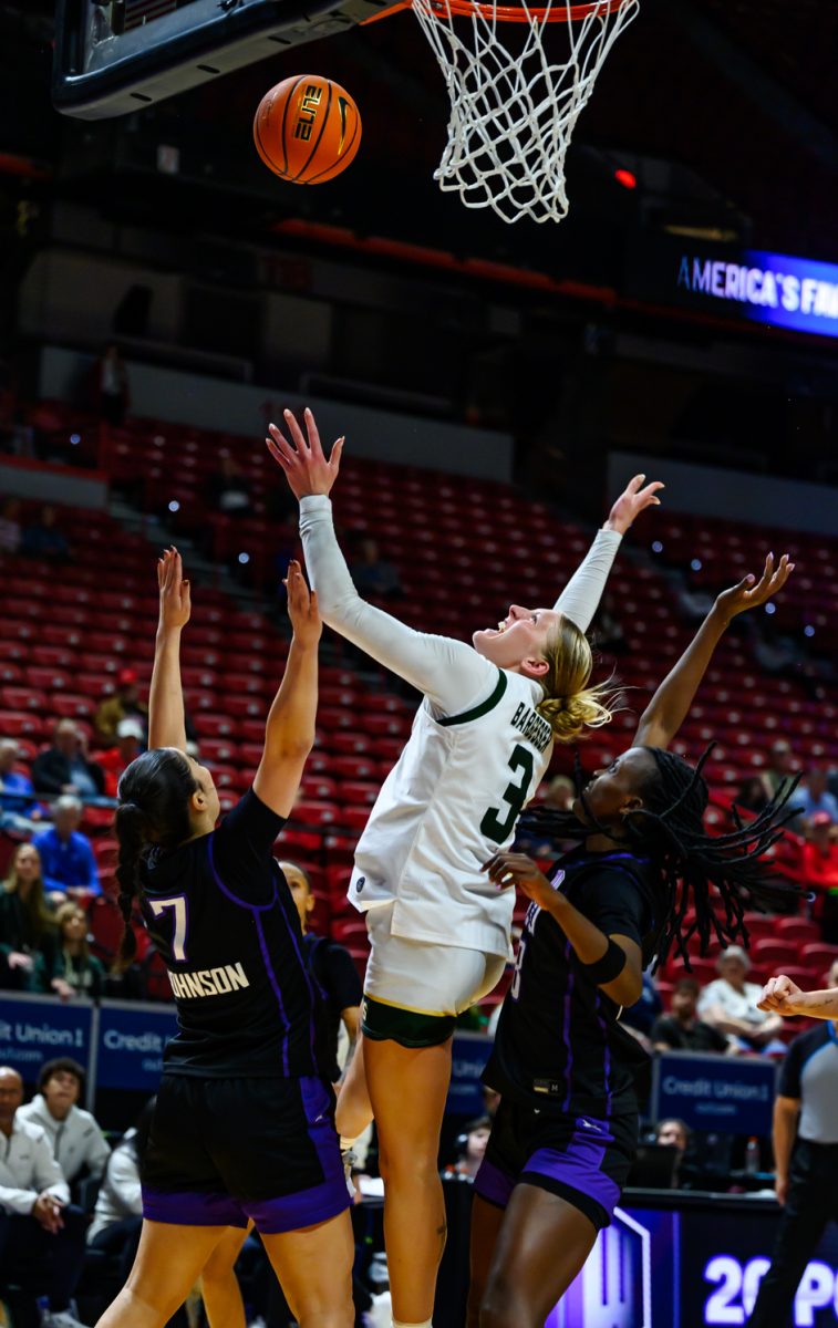 Colorado State University women's basketball guard Lexus Bargesser (3) throws the ball up while taking pressure from Grand Canyon Univesrity's defense during CSU's game against GCU in the Mountain West tournament March 8.