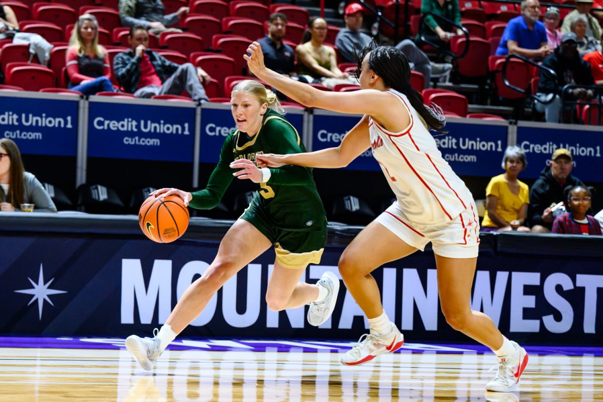 Colorado State University women's basketball guard Lexus Bargesser (3) drives the ball around University of Nevada Las Vegas guard Mariah Elohim (2) during CSU's game against UNLV  March 9. CSU won 66-59 against UNLV, bringing them to the final round against the Air Force Academy. 