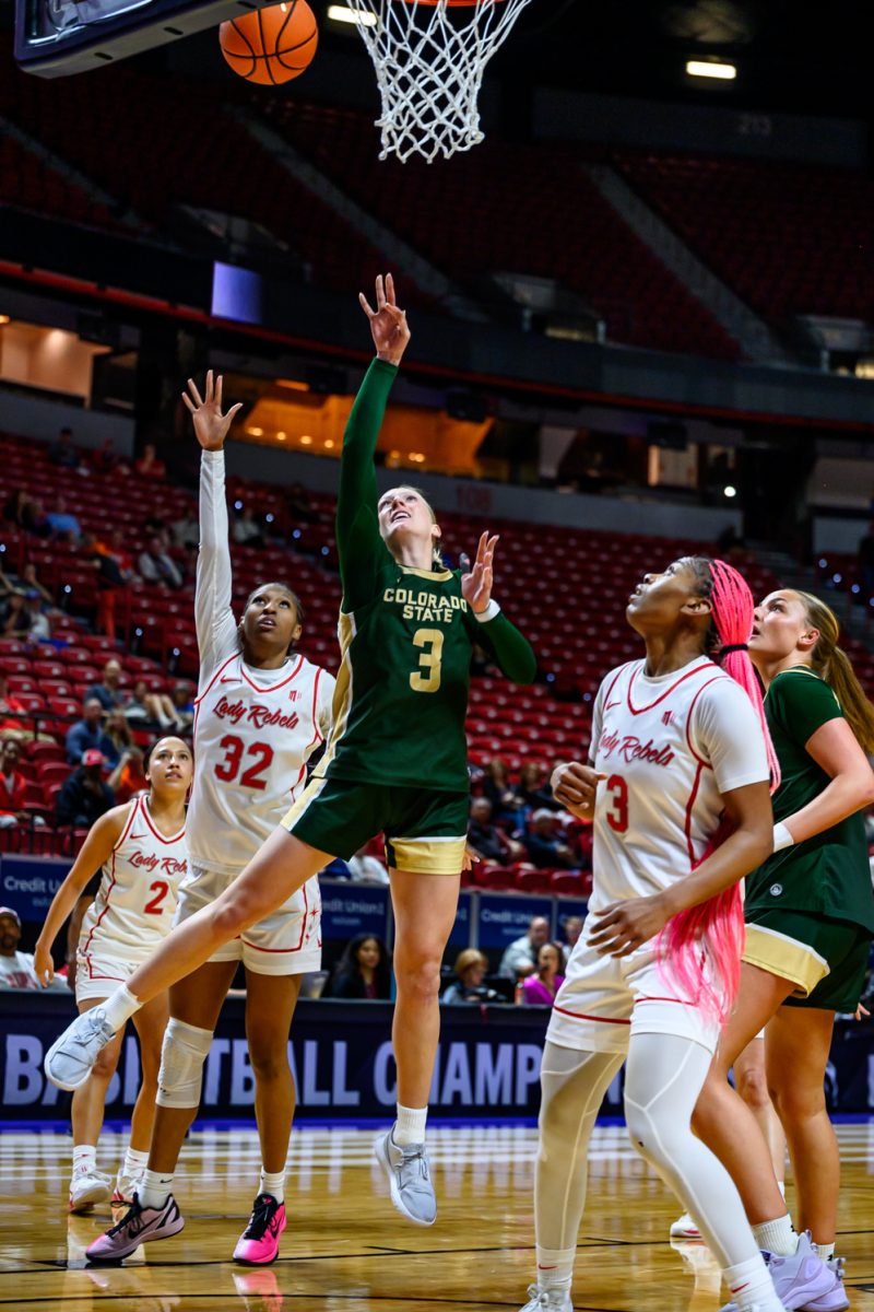 Colorado State University women's basketball guard Lexus Bargesser (3) throws the ball into the hoop during CSU's game against University of Nevada Las Vegas during the Mountain West tournament March 9. Bargesser was pulled out in the second quarter of the game from an injury.