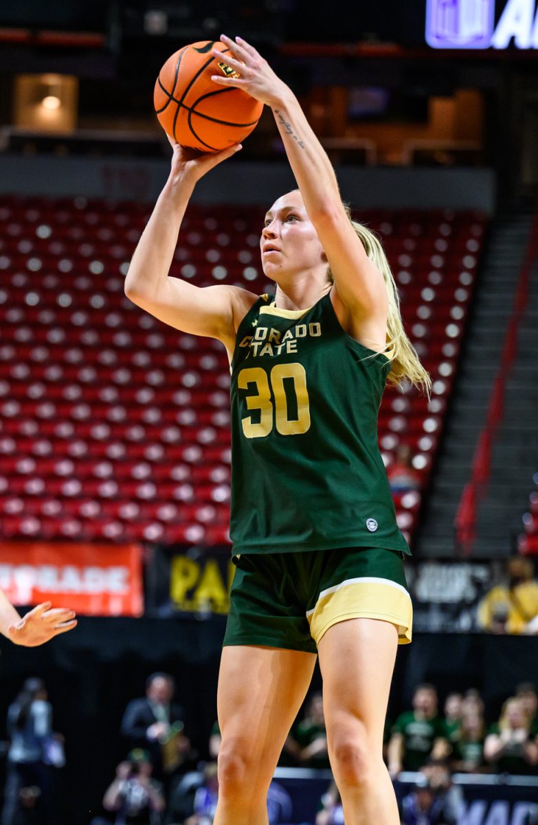Colorado State University women's basketball guard Hannah Ronsiek (30) shoots a 3-pointer during CSU's game against the University of Nevada Las Vegas in the Mountain West tournament March 9.