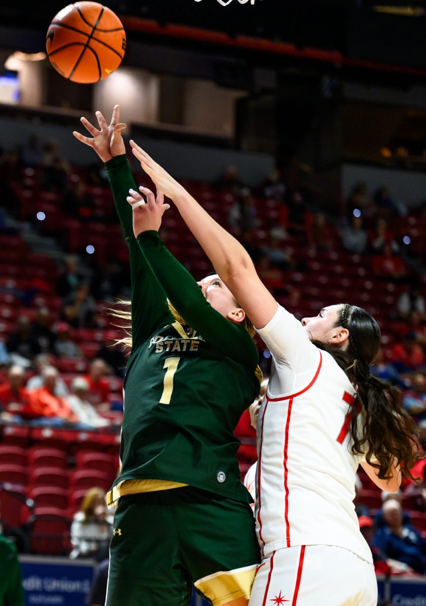 Colorado State University women's basketball guard Kloe Froebe (1) jumps for the hoop during CSU's game against the University of Nevada Las Vegas in the Mountain West tournament March 9.