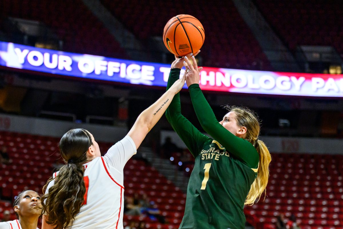Colorado State University women's basketball guard Kloe Froebe (1) attempts a shot while facing pressure from the University of Nevada Las Vegas in the Mountain West semifinals March 9.
