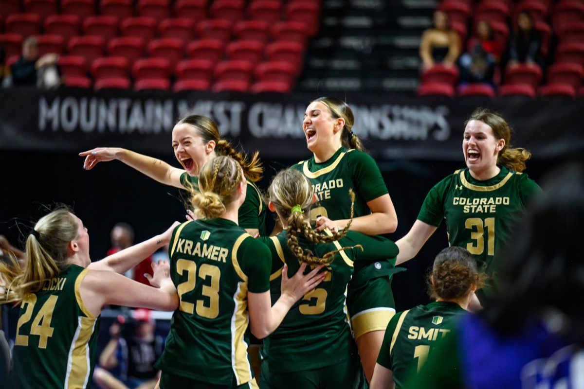 The Colorado State University women's basketball team celebrates its win against the University of Nevada Las Vegas in the Mountain West semifinals March 9. The team will face Air Force Academy in the final round of the tournament.