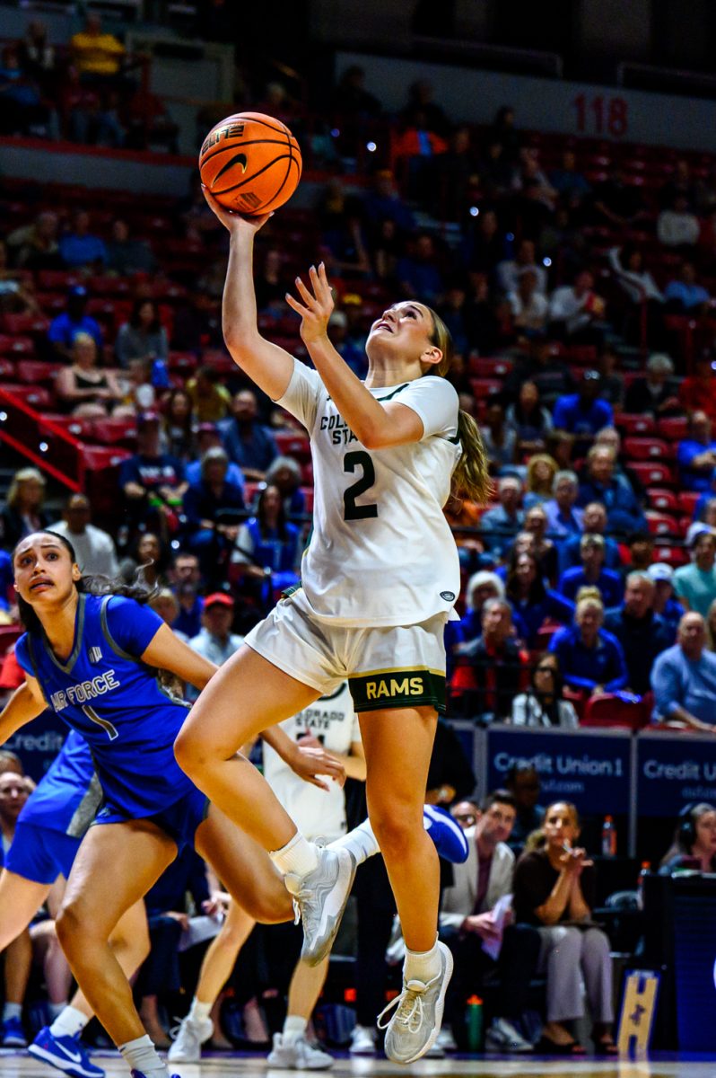 Colorado State University women's basketball guard Brooke Carlson (2) jumps for the hoop during CSU's game against Air Force Academy in the final round of the Mountain West tournament March 10. Carlson led the Rams in points, scoring 17 points during the game. 