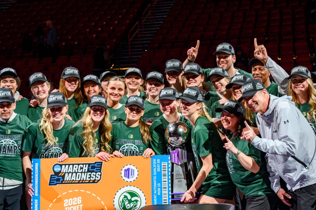 The Colorado State University women's basketball team celebrates winning the Mountain West tournament March 10. CSU faced the Air Force Academy to earn the trophy, winning 56-42. The team will move on to the NCAA tournament. 