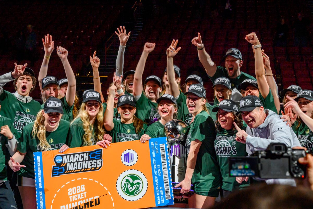 The Colorado State University women's basketball team celebrates winning the Mountain West tournament March 10. CSU faced the Air Force Academy to earn the trophy, winning 56-42. The team will move on to the NCAA tournament. 