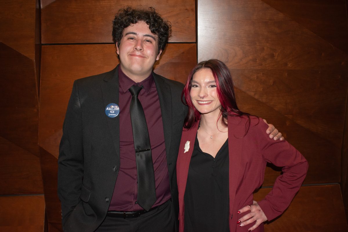 Associated Students of Colorado State University President-elect Victoria Quesada-Stoner and Vice President-elect Ben Gregg pose for a photo after being announced as the winners of ASCSU's 2026 presidential election March 11.
