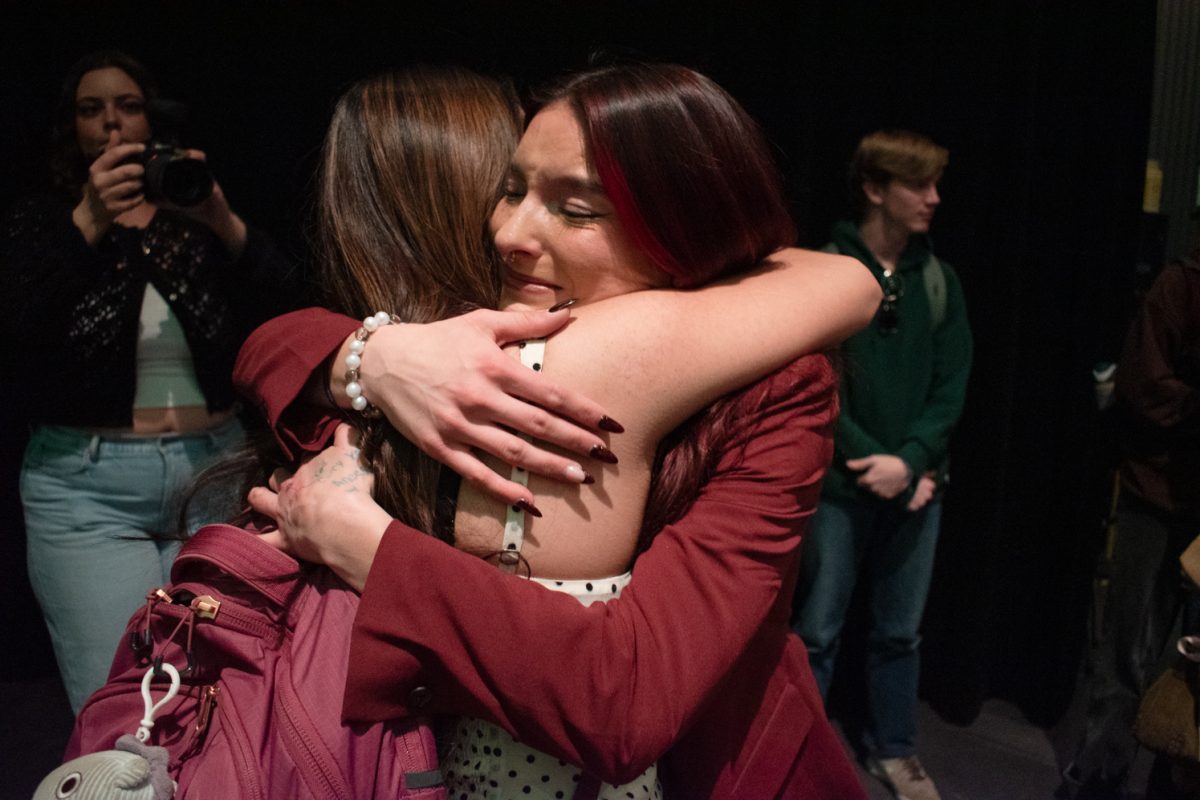 Associated Students of Colorado State University President-elect Victoria Quesada-Stoner embraces a supporter in a hug, celebrating her win in the ASCSU 2026 presidential election Mar 11. “We say, why don’t people want to run more? It’s because of the fact that we really don’t have fair elections, in the sense of campaigning. These last few weeks, I think we have seen that…We see corruption at every single level, and I just want to say that it’s not okay to buy out elections,” said Quesada-Stoner.