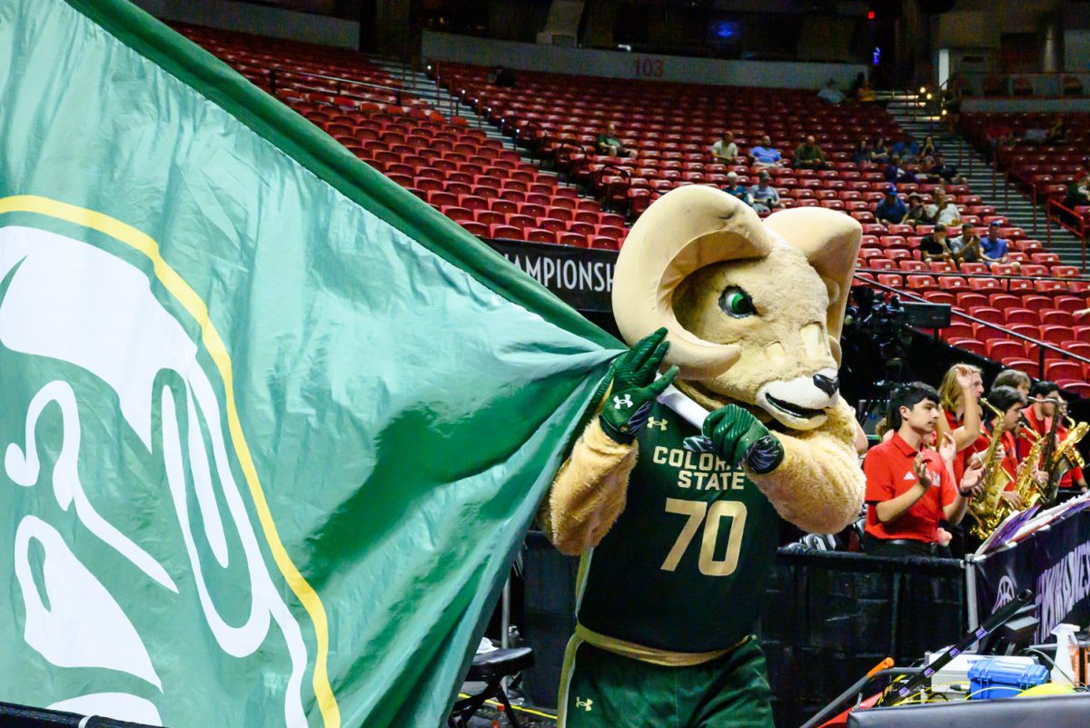 Cam the Ram leads Colorado State men's basketball into the Thomas and Mack Center for the Rams' Mountain West Tournament game against No. 10 Fresno State March 11.