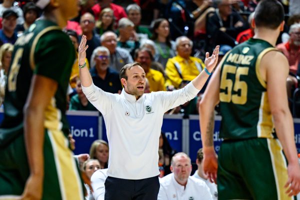 Colorado State University men's basketball head coach Ali Farokhmanesh protests a call made by a referee during CSU's game against San Diego State University in the Mountain West Tournament March 12. CSU lost 71-62, ending their Mountain West run. 