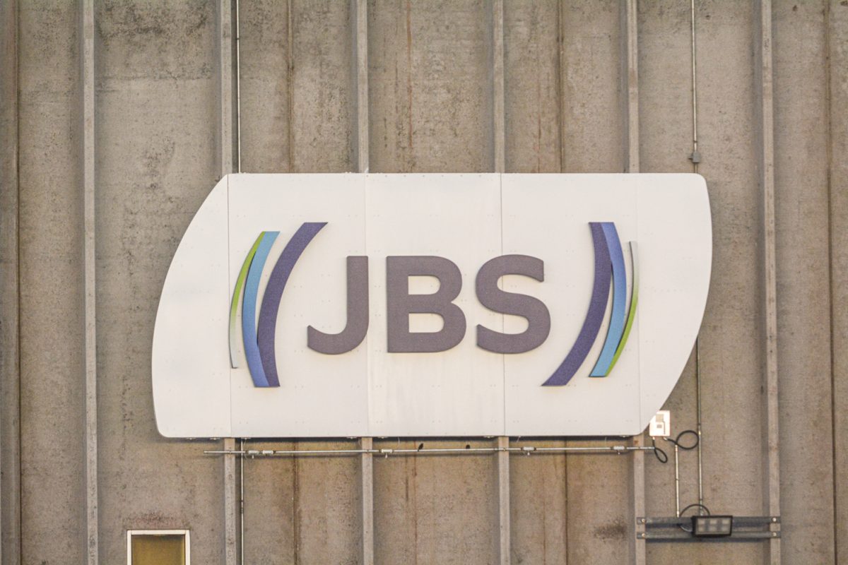 The JBS plant logo in Greeley, Colorado that is currently under strike with nearly 4,000 workers protesting unsafe, high-speed production lines and reduced hours March 25. With gas and grocery prices in Colorado increasing, every hour and wage counts towards surviving which is why it is so important that companies such as JBS does not exploit their employees. 