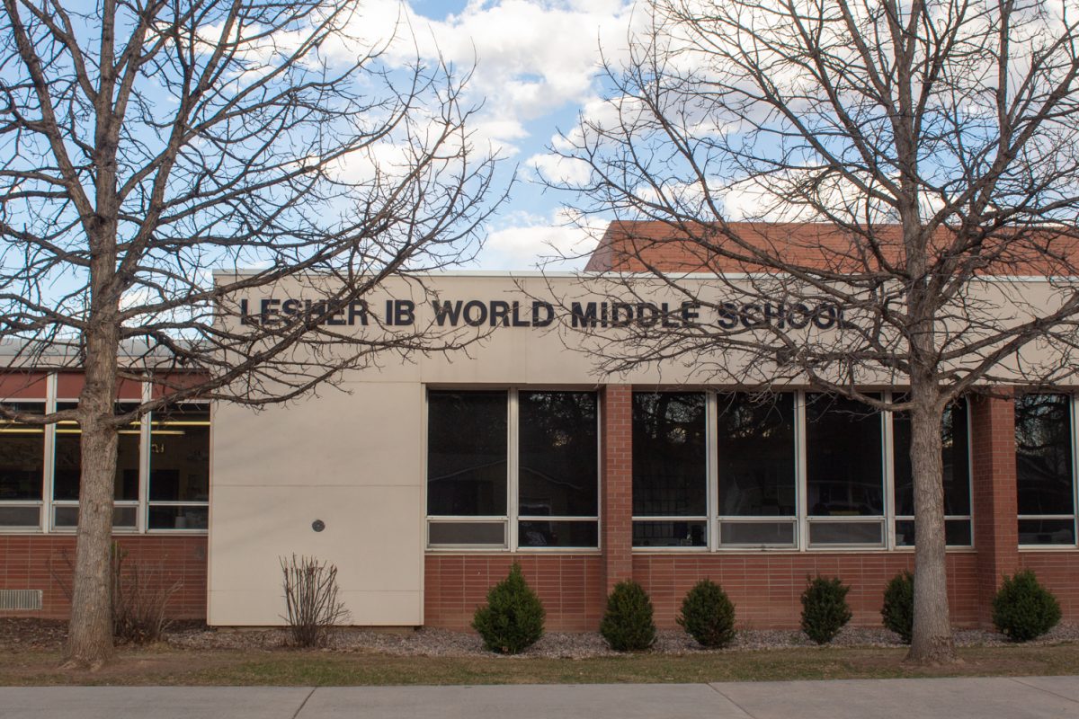 The front of Lesher Middle School, one of 54 schools in Poudre School District, Mar. 25.