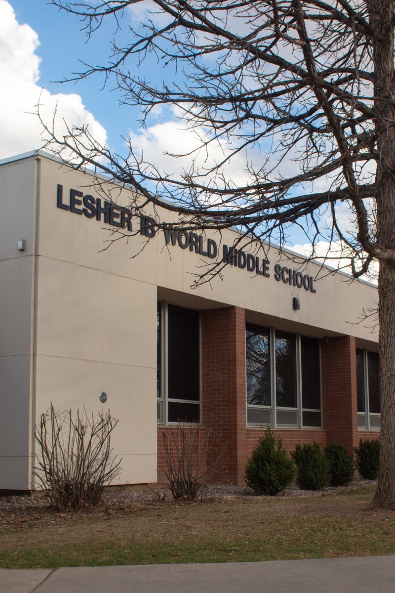 The front of Lesher Middle School, one of 54 schools in Poudre School District, Mar. 25.