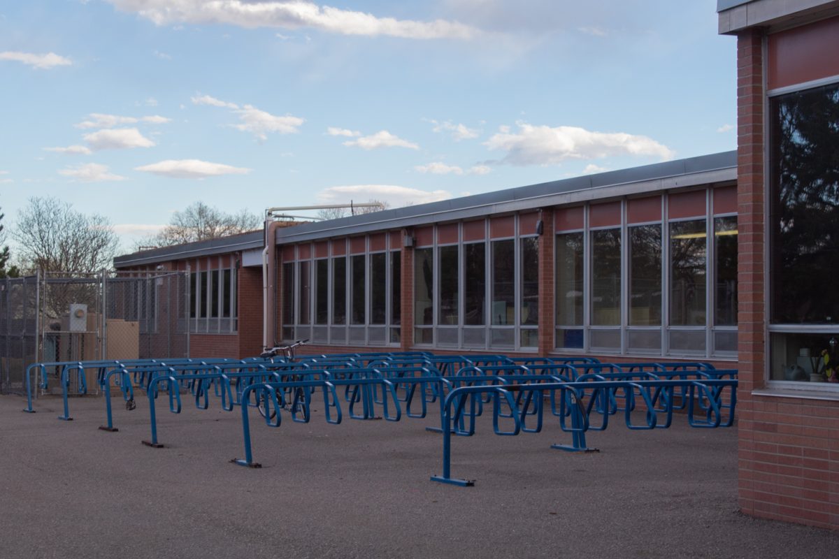 Bike racks near the entrance of Lesher Middle School, part of Poudre School District, Mar. 25.