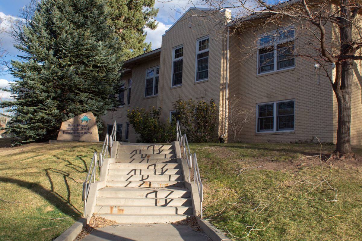 Stairs leading up to the front doors of Harris Bilingual Immersion School, an elementary school and one of three dual language immersion schools in Poudre School District, Mar. 25.