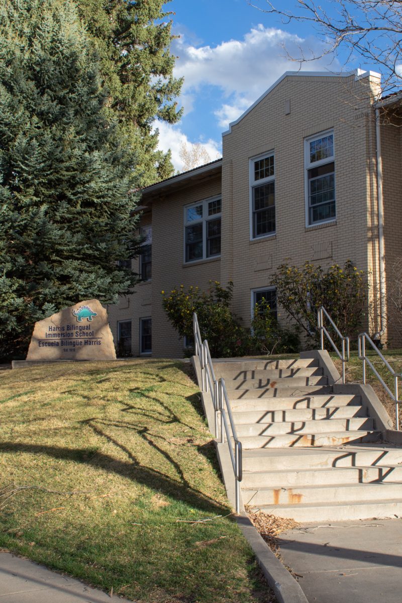 Stairs leading up to the front doors of Harris Bilingual Immersion School, an elementary school and one of three dual language immersion schools in Poudre School District, Mar. 25.