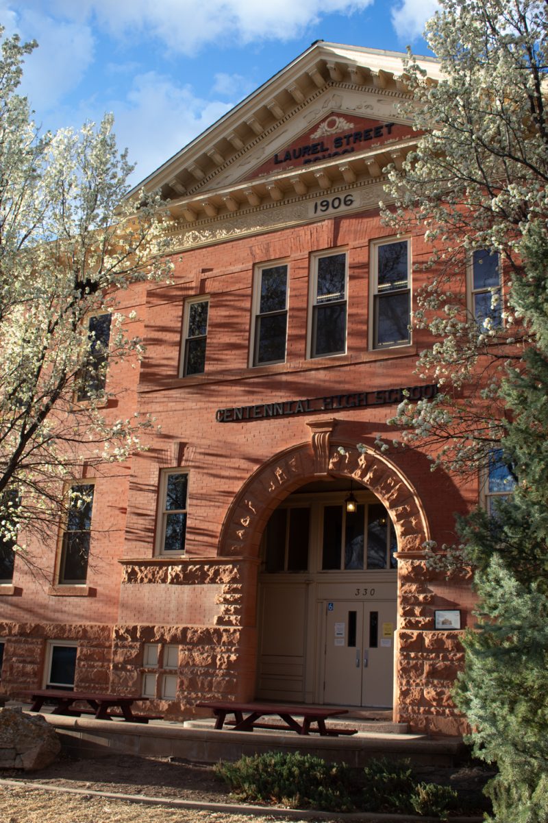The front doors of Centennial High School, a Poudre School District alternative education campus, Mar. 25.