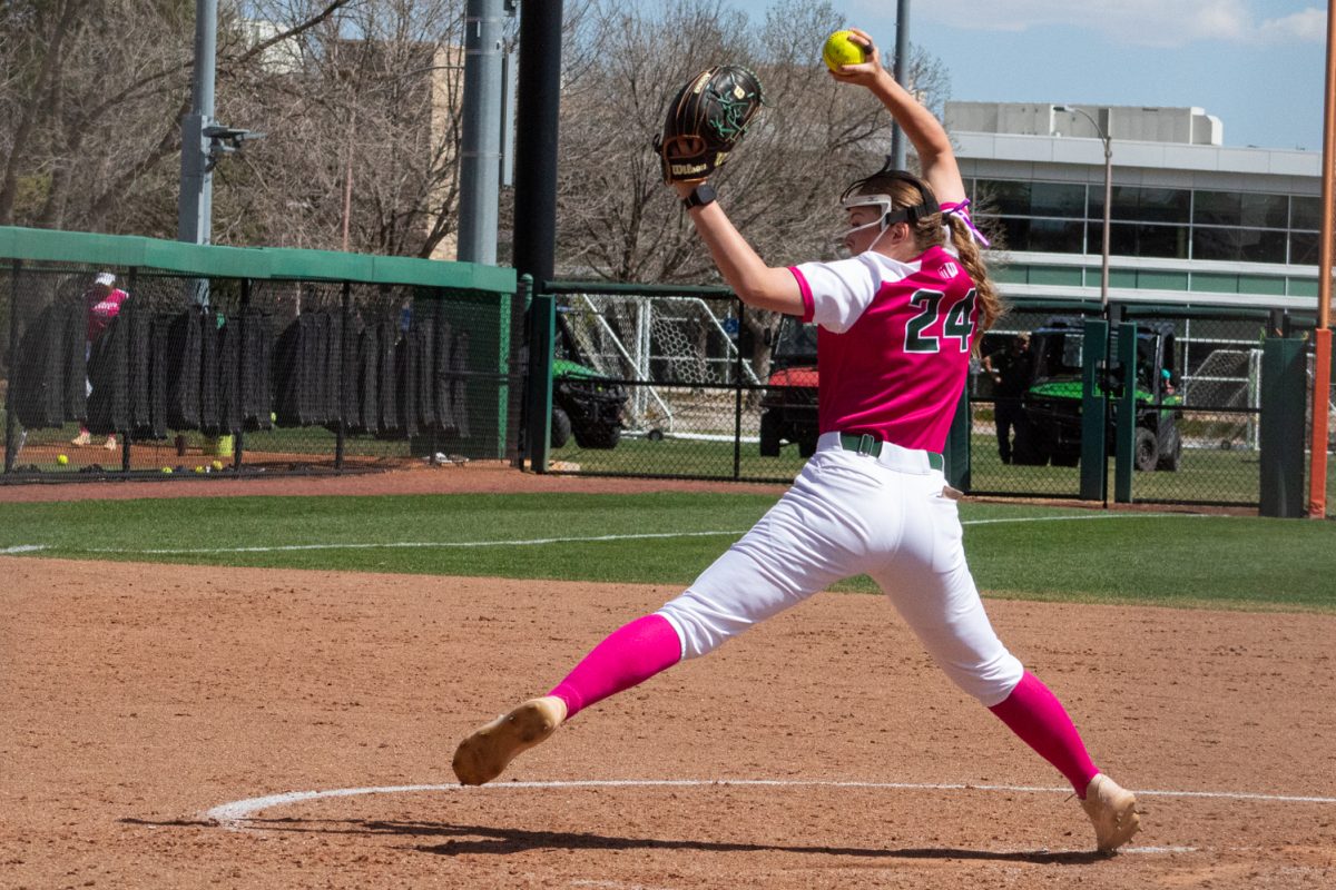 Freshman Olivia Schmidt pitches the ball during Colorado State University’s Pink Out game against Boise State at the CSU Softball Field Mar. 29. The Rams won 7-6.