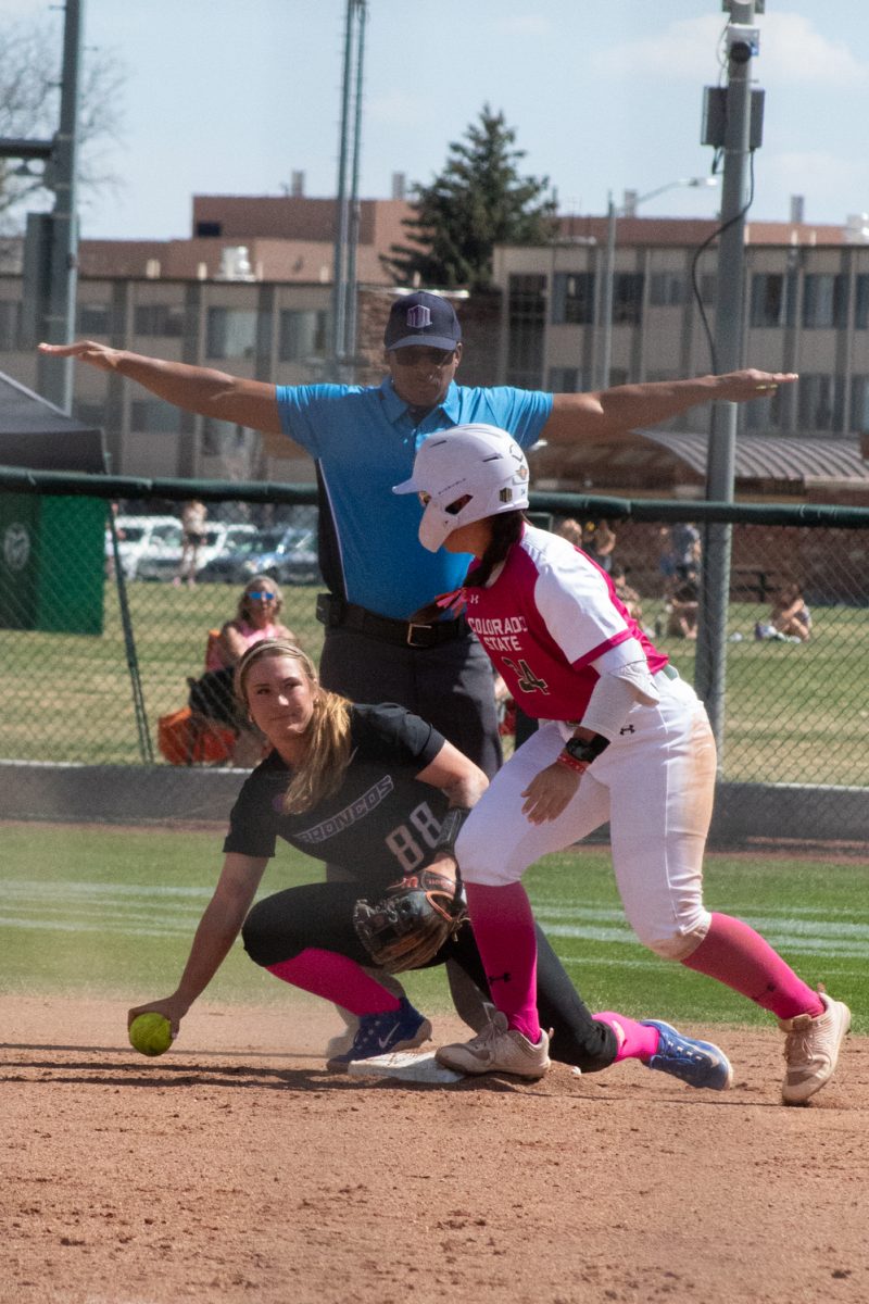 Junior Abby Edwards is called safe after sliding to second base during Colorado State University’s Pink Out game against Boise State at the CSU Softball Field Mar. 29. The Rams won 7-6 in a walk-off win.