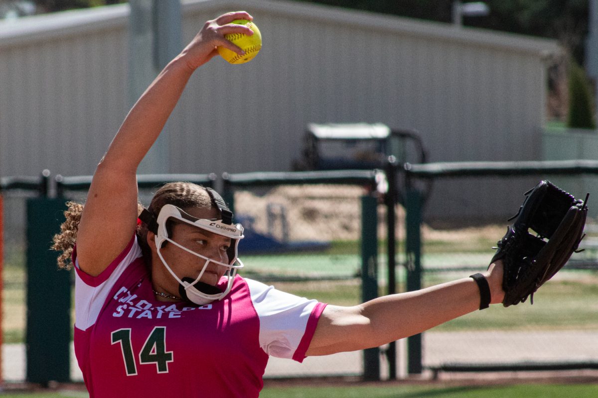 Senior Giselle Bentley pitches the ball during the fifth inning of Colorado State University’s Pink Out game against Boise State at the CSU Softball Field Mar. 29. The Rams won 7-6 in a walk-off win.