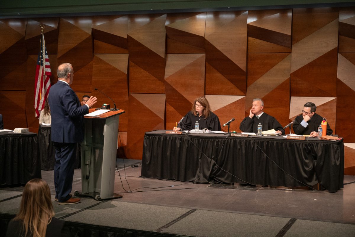 The Colorado Court of Appeals hears arguments in 2 cases (SMB Advertising v. Boulder and People v. Albat) in a public session as part of Colorado State University’s 2026 Democracy Summit. CSU alumni Chief Judge Gilbert Román, Judge Stephanie Dunn and Judge Craig Welling  presidied over the oral arguments, alongside Judge Stephanie Dunn Mar 10. Courtesy of John Eisele.
