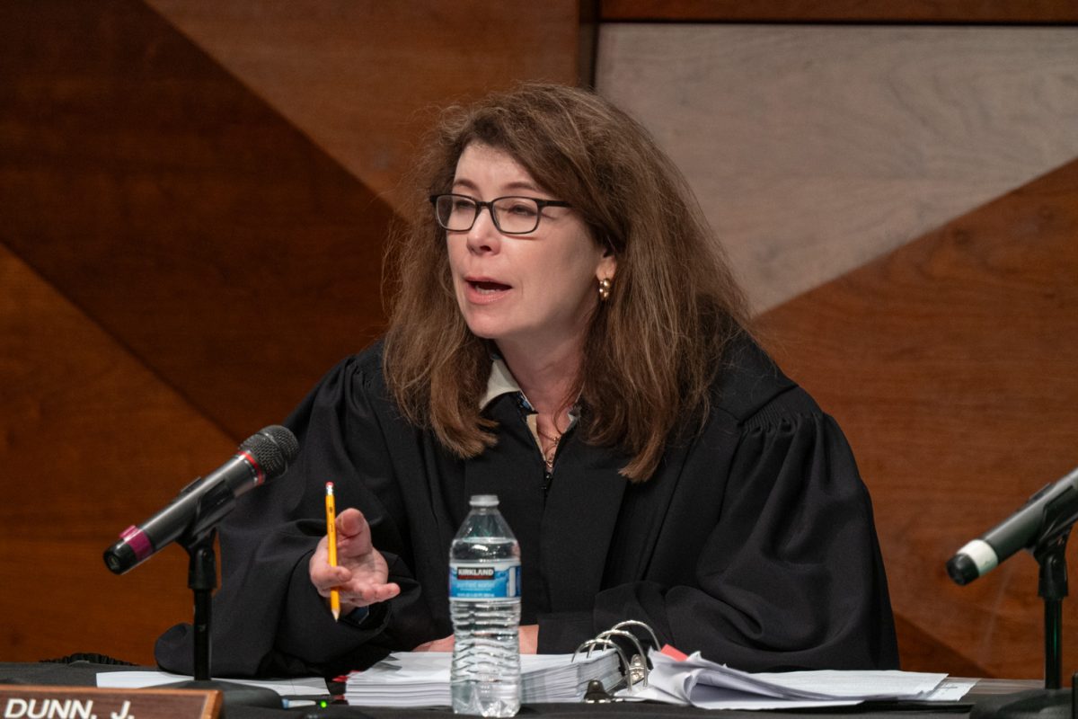 The Colorado Court of Appeals hears arguments in 2 cases (SMB Advertising v. Boulder and People v. Albat) in a public session as part of Colorado State University’s 2026 Democracy Summit. CSU alumni Chief Judge Gilbert Román, Judge Stephanie Dunn and Judge Craig Welling  presidied over the oral arguments, alongside Judge Stephanie Dunn Mar 10. Courtesy of John Eisele.