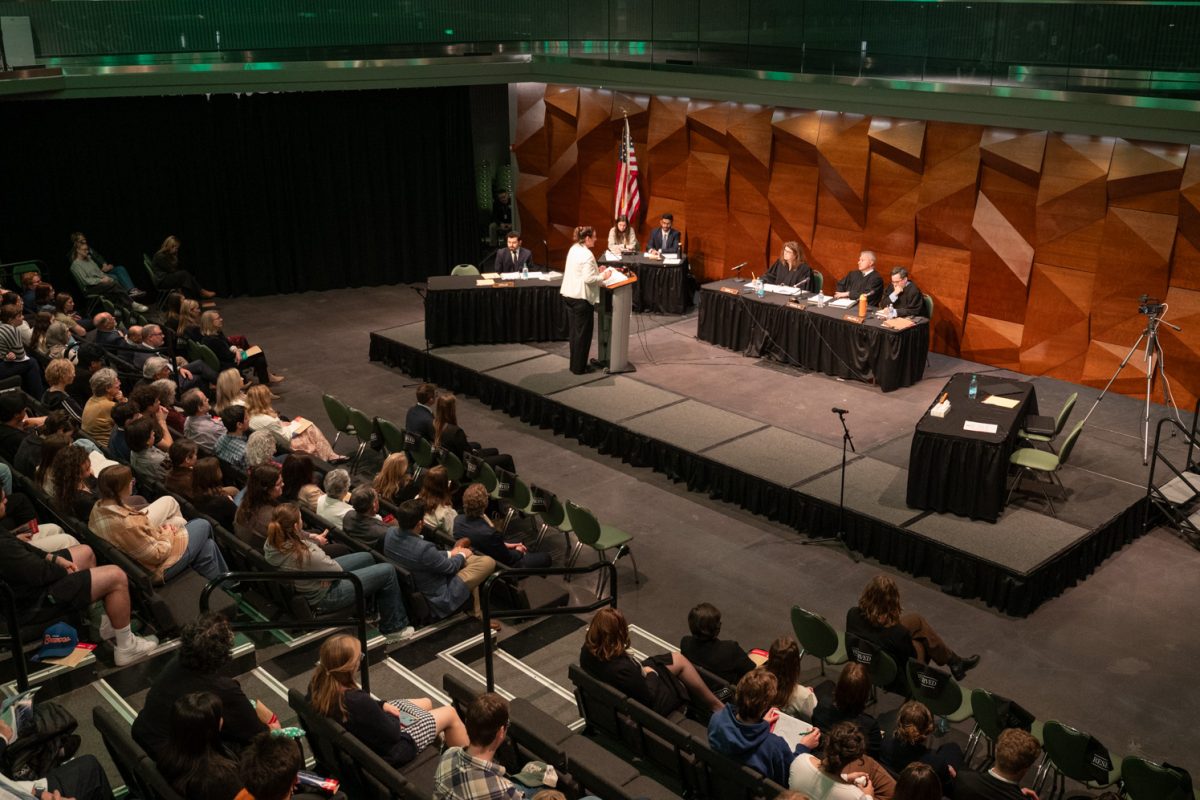 The Colorado Court of Appeals hears arguments in 2 cases (SMB Advertising v. Boulder and People v. Albat) in a public session as part of Colorado State University’s 2026 Democracy Summit. CSU alumni Chief Judge Gilbert Román, Judge Stephanie Dunn and Judge Craig Welling  presidied over the oral arguments, alongside Judge Stephanie Dunn Mar 10. Courtesy of John Eisele. 