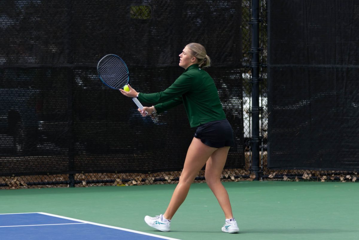 Colorado State University Womens Tennis junior Sorcha Caves prepares to serve the ball during CSU's match against San Jose State University March 27. CSU won the match 4-3.