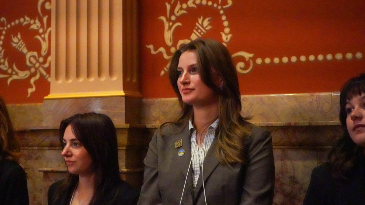 Miriam Hill, chair of the Women and Social Justice Caucus, attends the Associated Students of Colorado State University's Day at the Capitol event March 31. The event brought student leaders and guests to the Denver Capitol to observe the legislature in action. 