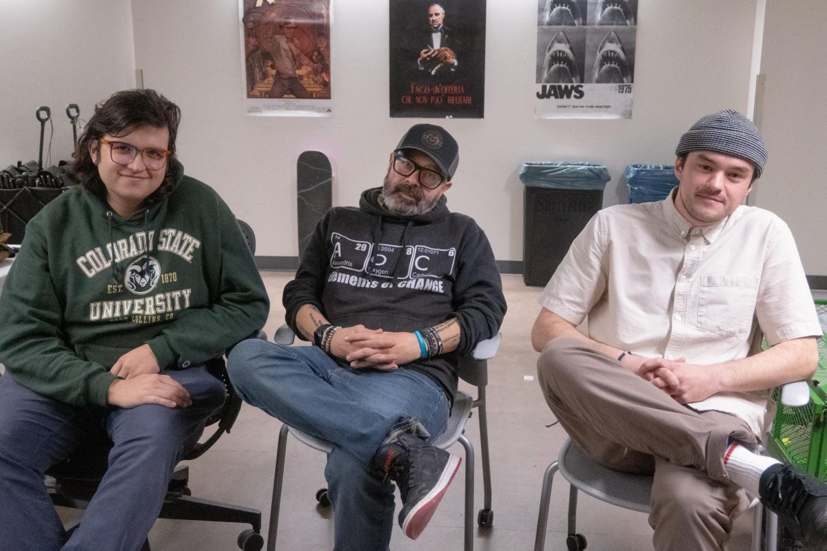 Jacob Faulkner, John Barnhardt and Boyan Bashovski sit in their studio area Feb. 27. After several crew members depart Barnfly Productions at the end of the school year, these three will be some of the only still on the team.