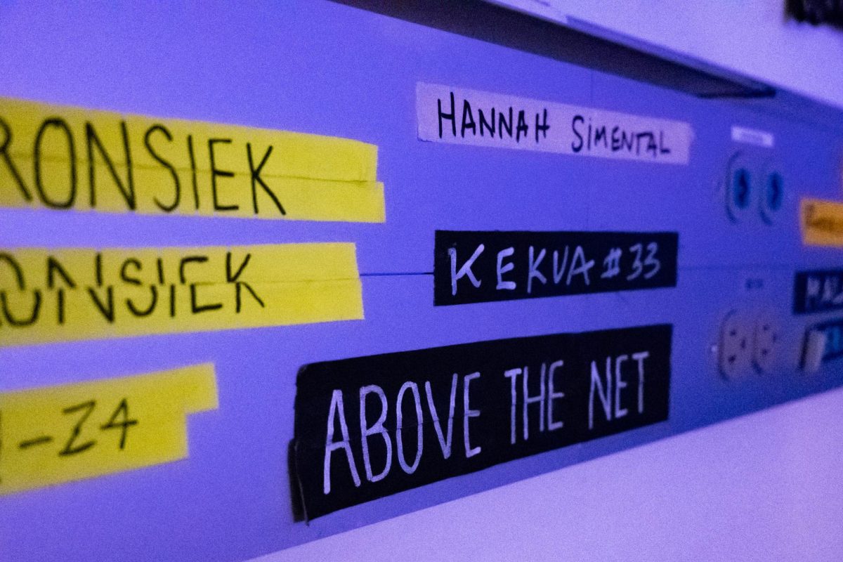 Tape from interview clapperboards hangs up around Barnfly Productions' studio Feb. 27. Their studio is located in the basement of the Nutrien building.