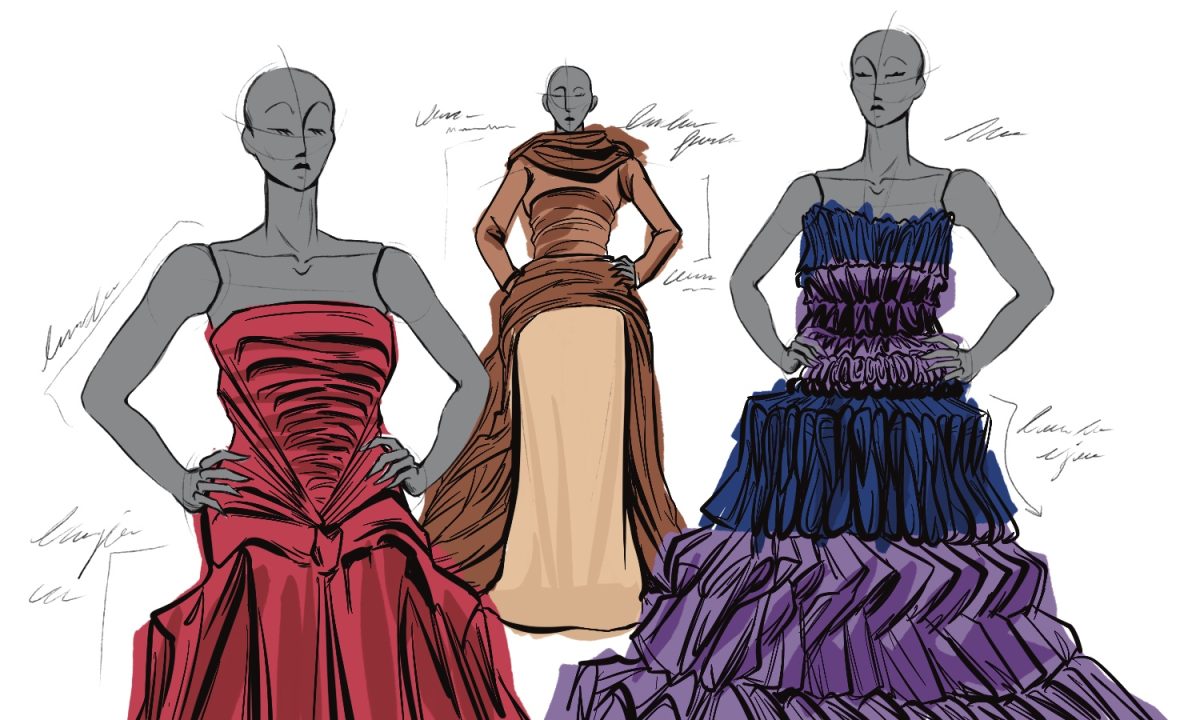 Fashion sketches of three different couture dresses. 