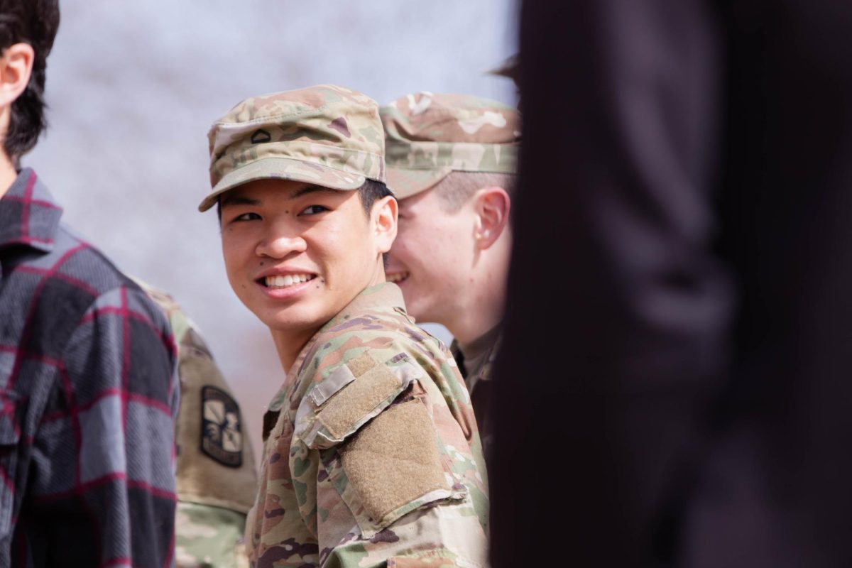 Colorado state University ROTC student enjoys participating in the mechanical bull ride during the Saddle Up and Vote event on the Lory Student Center plaza, March 10. "I just wat to support my peers and encourage people to vote." Said ASCSU member Abbie Farfan.