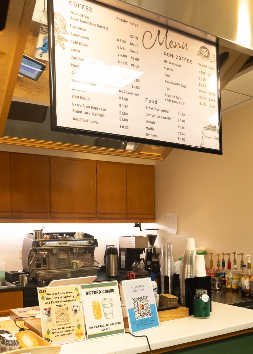 The Gifford Cafe front desk with their large overhead menu display allows students to choose any desired item of their choosing April 1. The Gifford Cafe, solely run by students in the Hospitality and Event Management program within the Colorado State University’s Department of Food Science and Human Nutrition in room 144 of the Gifford building.