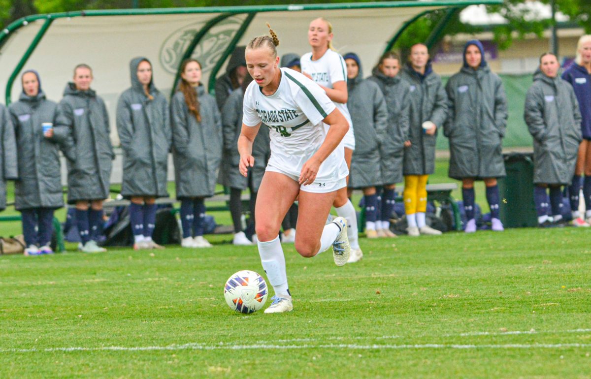 Isabelle Wright dribbling the ball up the field to attempt to score against University of Northeastern Colorado April 25. Isabelle and her teammates defeated UNC with a score of 4-0. 