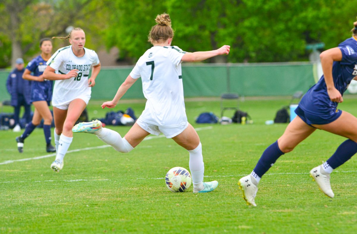Michaela McGowan kicking the ball down the field to give her teammates the advantage April 25. Colorado State University defeated University of Northern Colorado 4-0. 