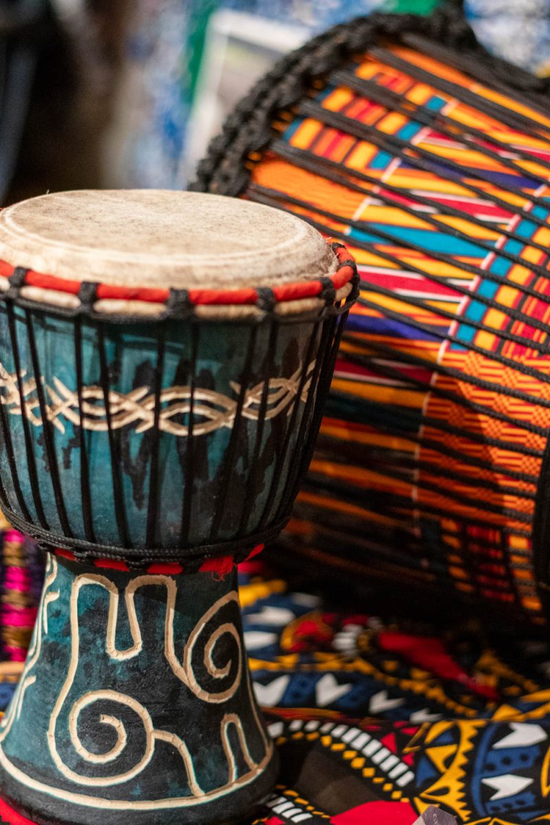 A traditional drum placed on a table during the Gifts from Ghana celebration in the University Center for the Arts April 4.