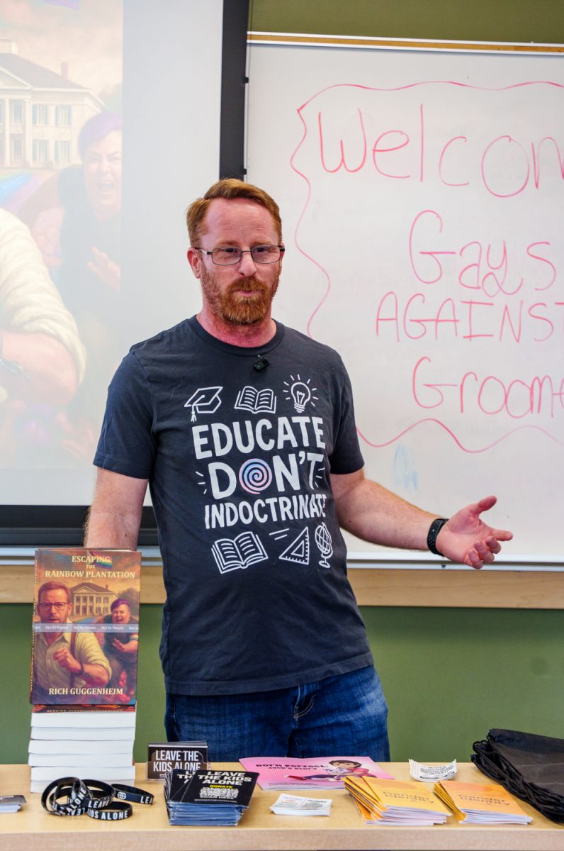 Gays Against Groomers Director of Legislation Rich Guggenheim speaks to Colorado State University Turning Point USA members April 16.