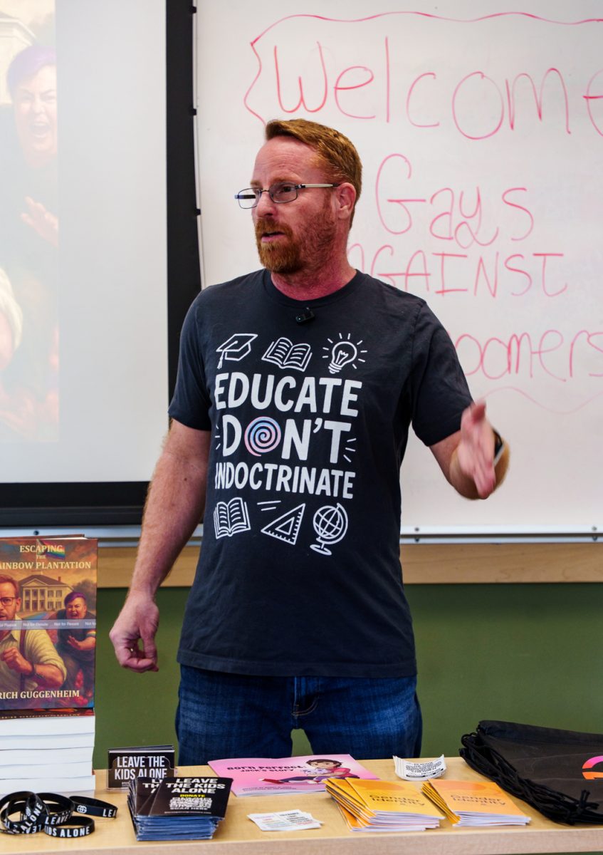 Gays Against Groomers Director of Legislation Rich Guggenheim speaks to Colorado State University Turning Point USA members April 16.