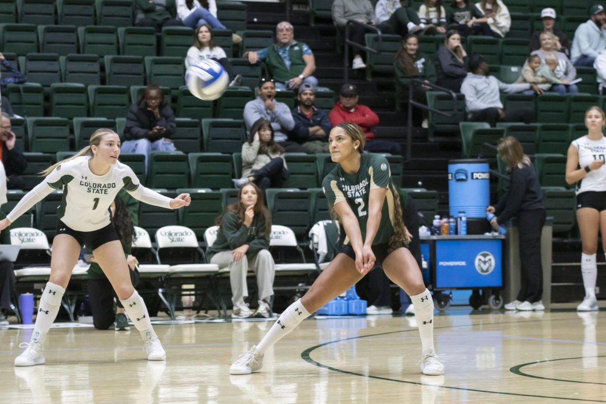 Sydney Black (2) bumps ball in scrimmage game. Colorado State University played Denver University and Colorado University in Moby Arena, April 4th.