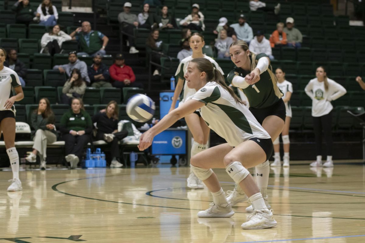 Sofia Zabjek (5) bumps a ball in scrimmage game. Colorado State University played Denver University and Colorado University in Moby Arena, April 4th.