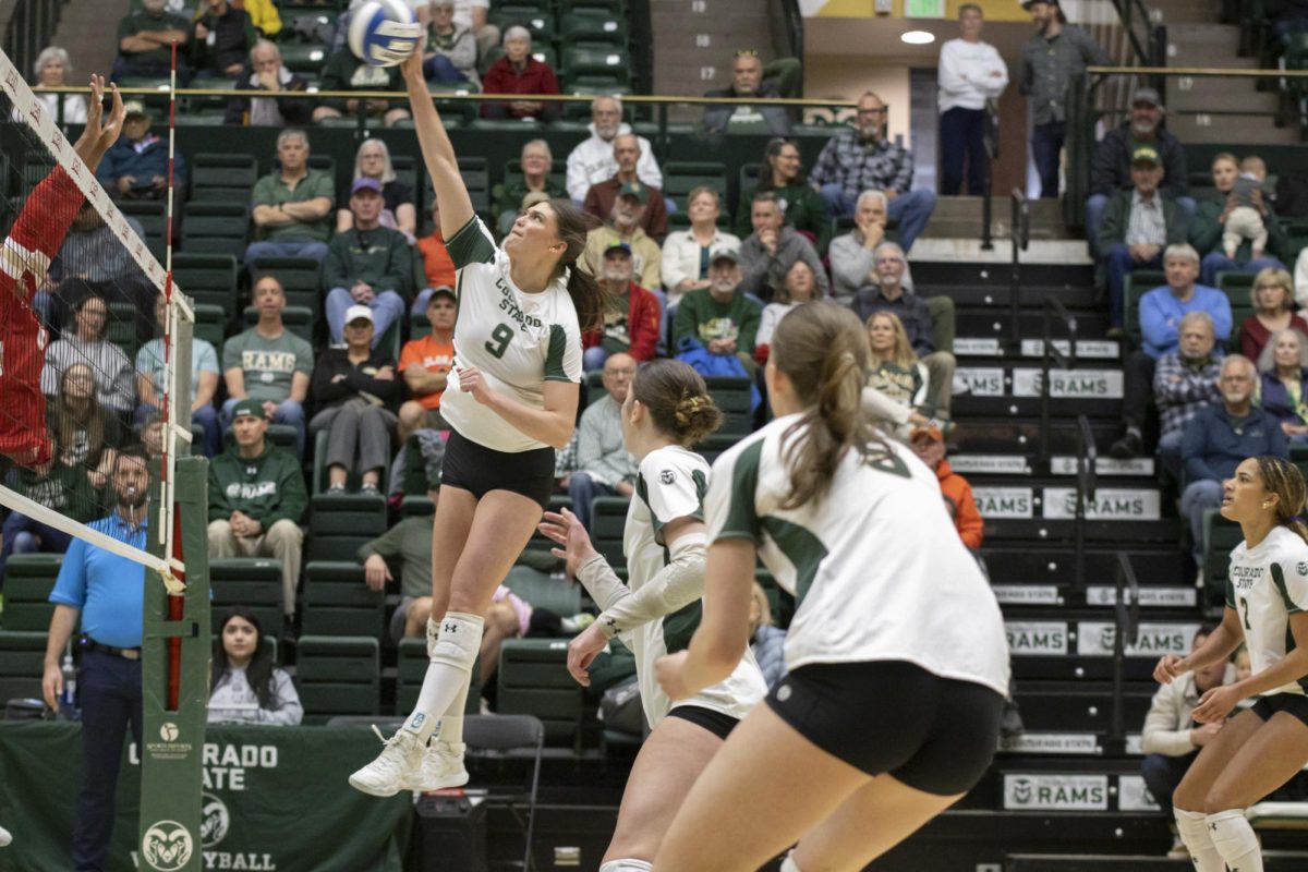 Silvie Graetzer (9) hits ball in scrimmage game. Colorado State University played Denver University and Colorado University in Moby Arena, April 4th.