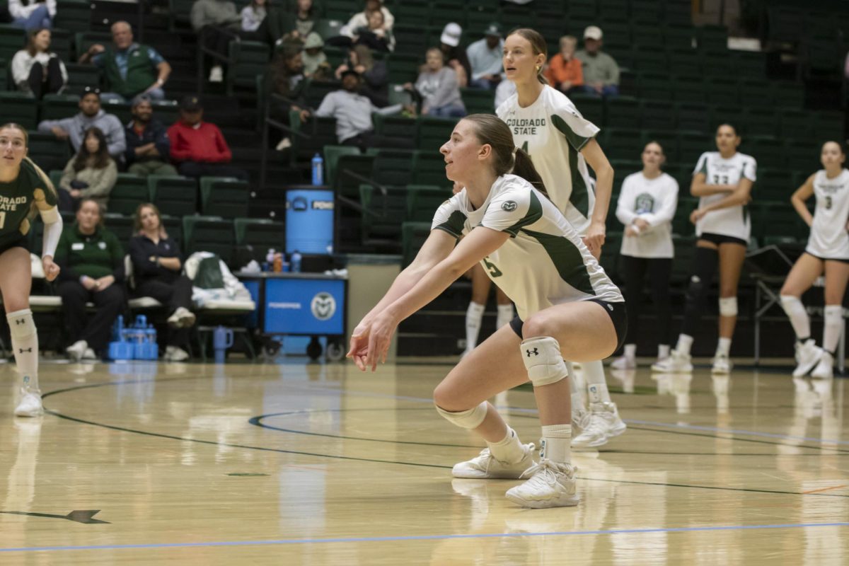 Sofia Zabjek (5) bumps a ball in scrimmage game. Colorado State University played Denver University and Colorado University in Moby Arena, April 4th.