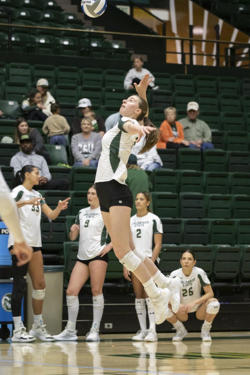 Sofia Zabjek (5) hits a ball in scrimmage game. Colorado State University played Denver University and Colorado University in Moby Arena, April 4th.