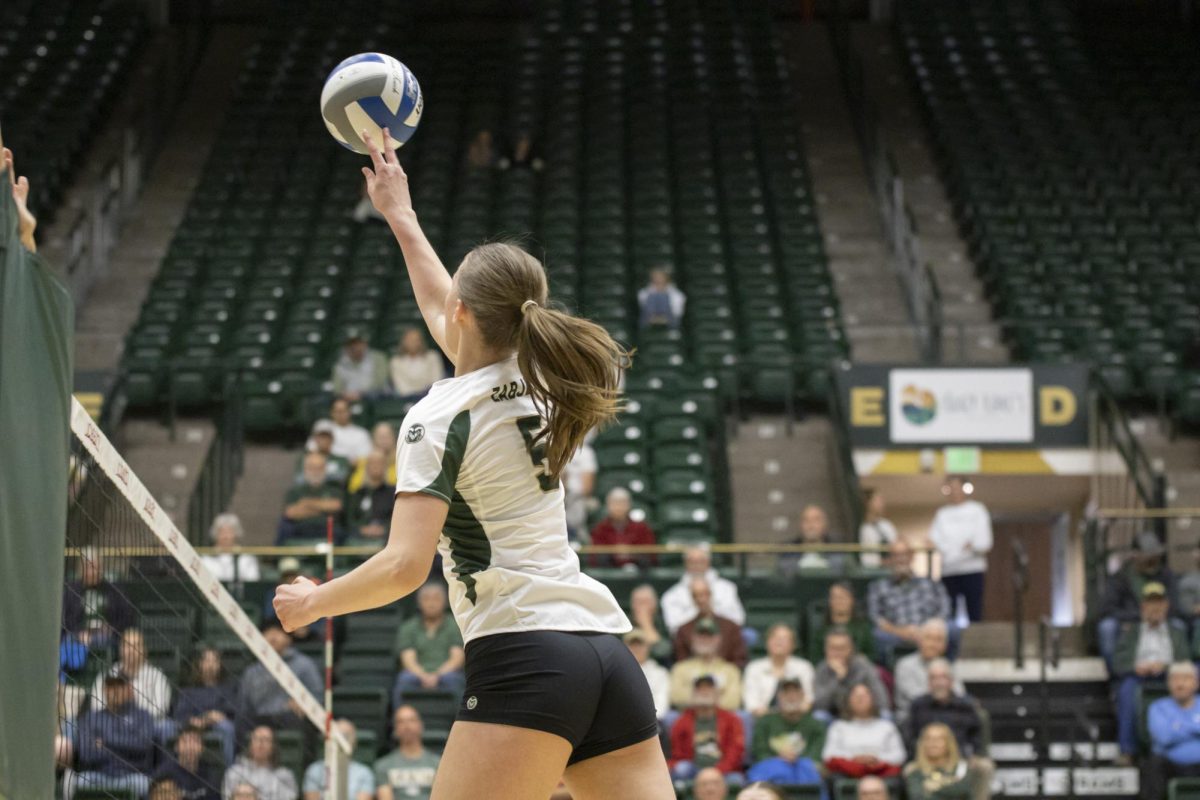 Sofia Zabjek (5) hits a ball in scrimmage game. Colorado State University played Denver University and Colorado University in Moby Arena, April 4th.