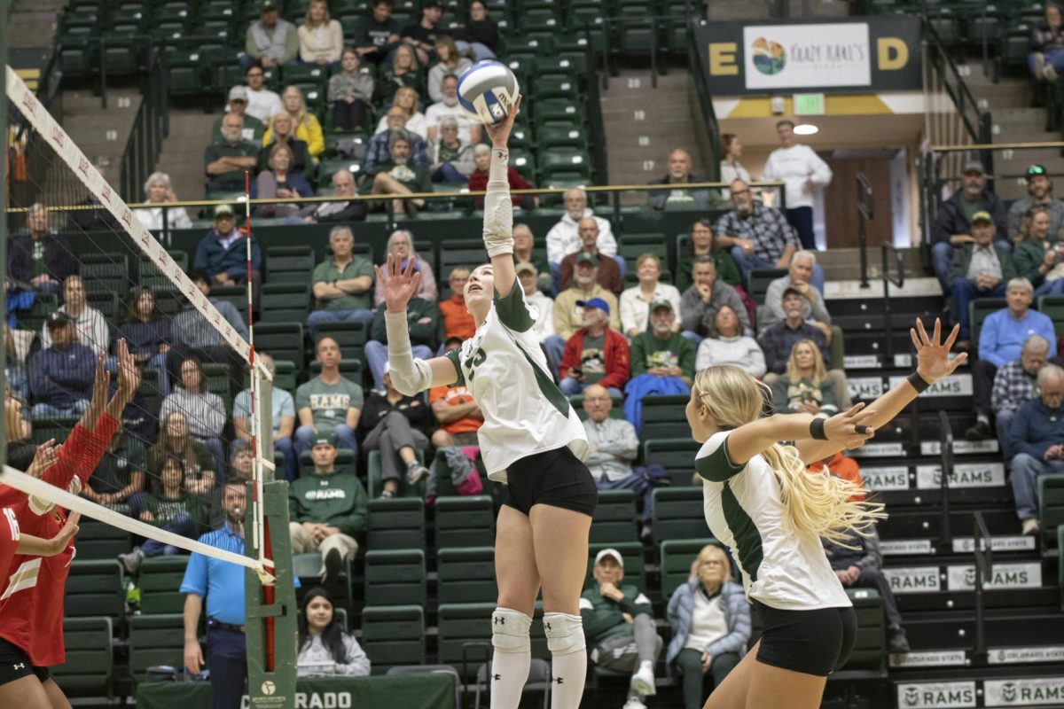 Erin Debiec (23) hits a ball in scrimmage game. Colorado State University played Denver University and Colorado University in Moby Arena, April 4th.