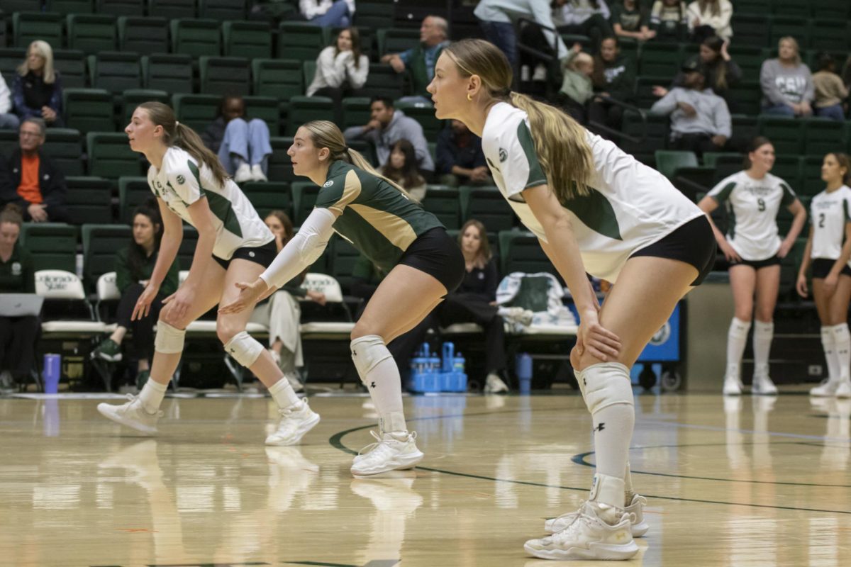 The Rams prepare to defend a serve in scrimmage game. Colorado State University played Denver University and Colorado University in Moby Arena, April 4th.