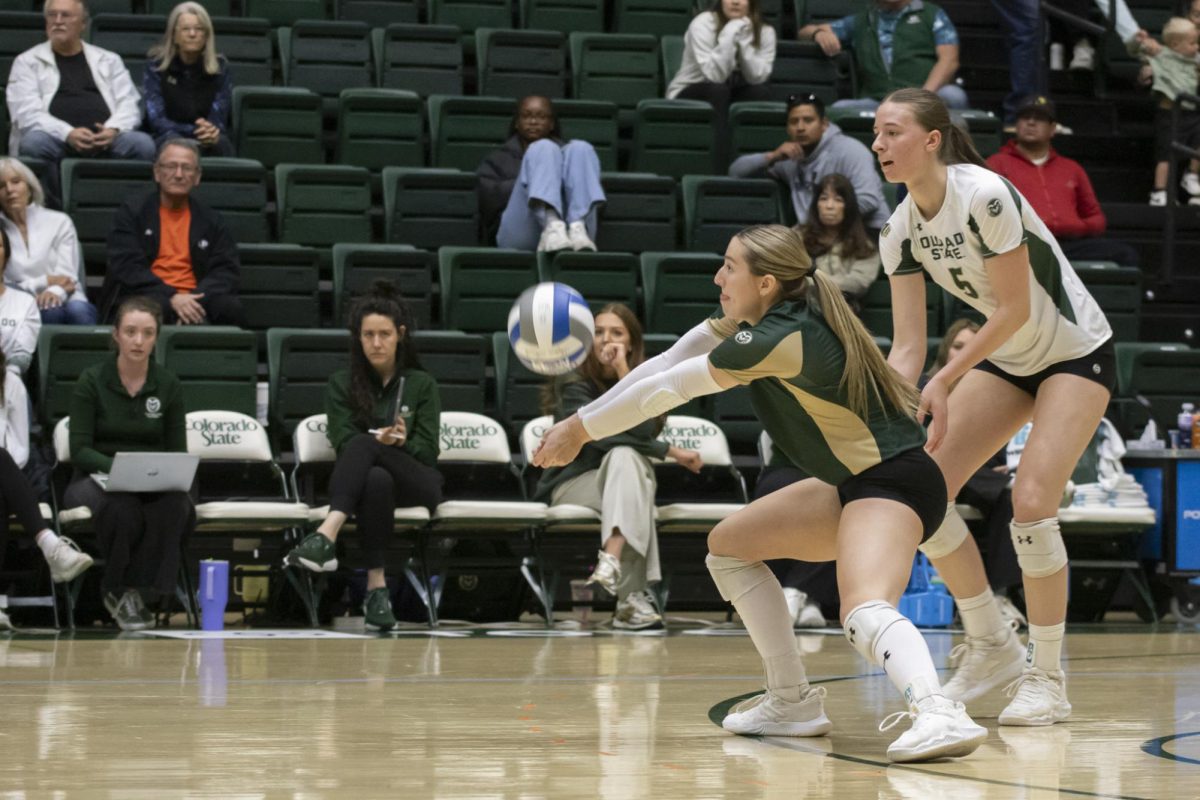 Karsyn Fetzer (1) bumps ball in scrimmage game. Colorado State University played Denver University and Colorado University in Moby Arena, April 4th.