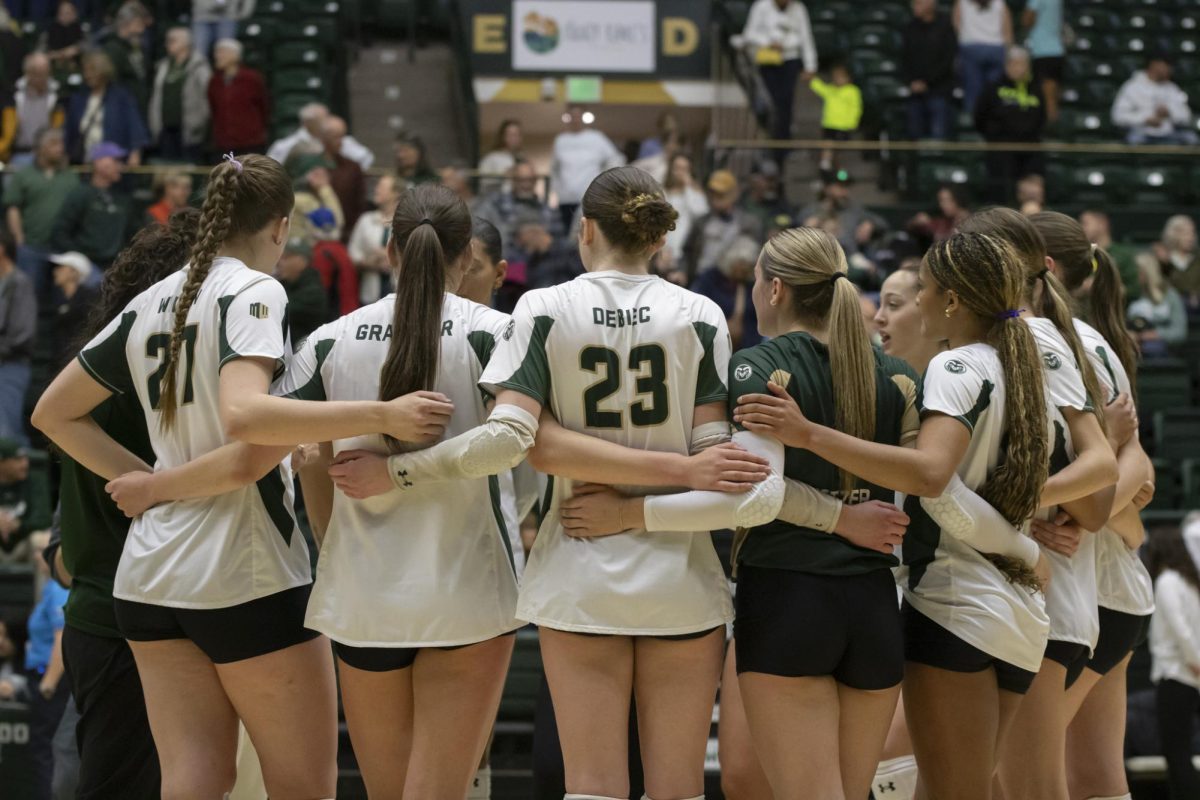 The Rams huddle together after scrimmage game. Colorado State University played Denver University and Colorado University in Moby Arena, April 4th.