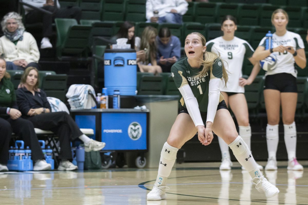 Karsyn Fetzer (1) prepares to bump ball in scrimmage game. Colorado State University played Denver University and Colorado University in Moby Arena, April 4th.